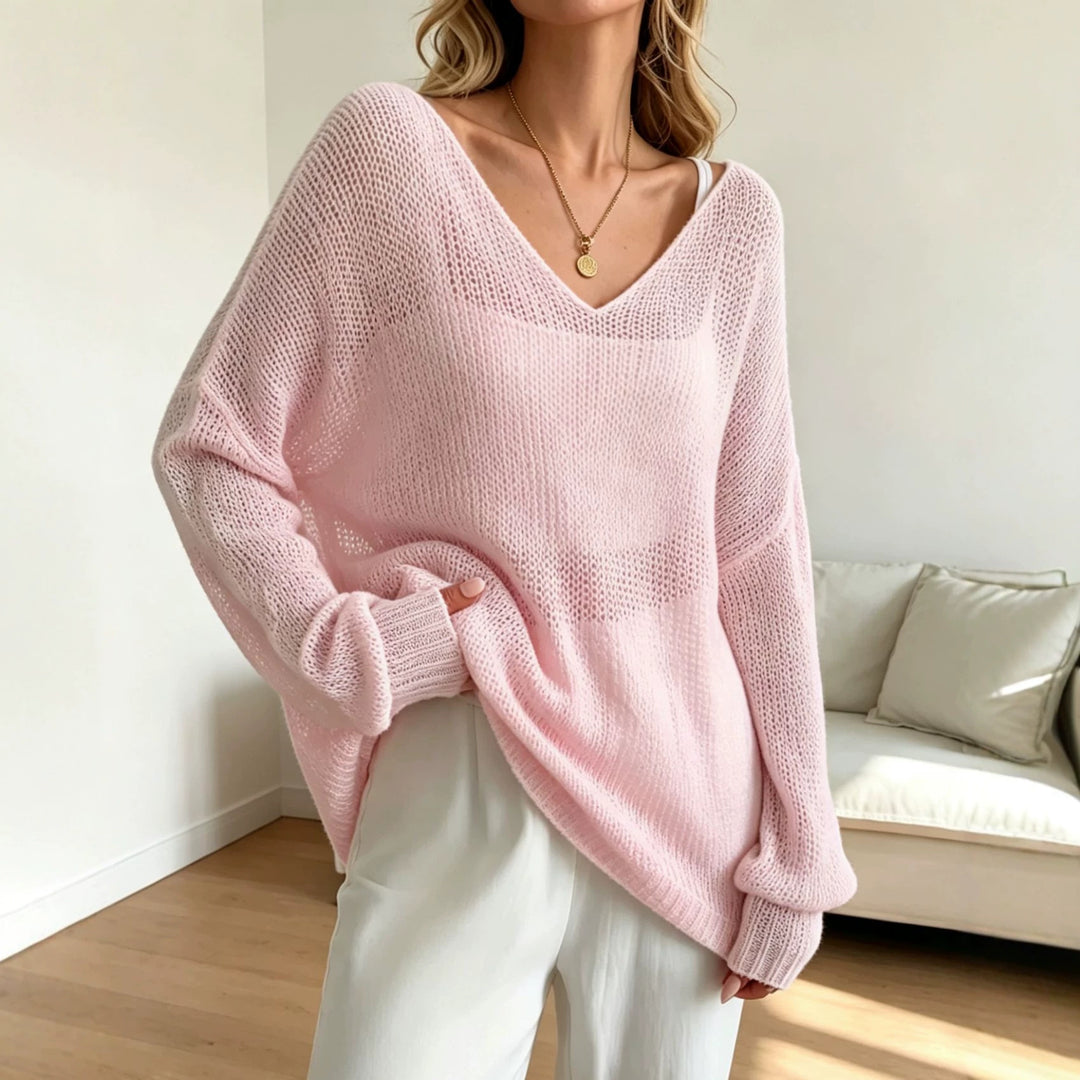 Damen Oversized Strickpullover mit tiefem V-Ausschnitt und feiner Lochstrickstruktur Shop Nory