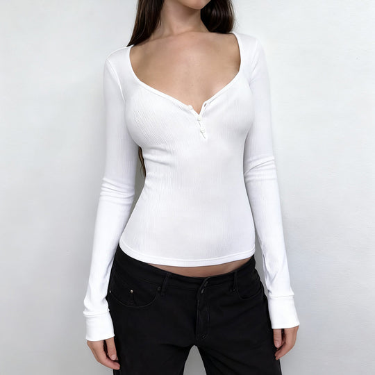 Damen nan figurbetontes geripptes Langarm-Henley-Top mit tiefem V-Ausschnitt und Knopfleiste Shop Nory