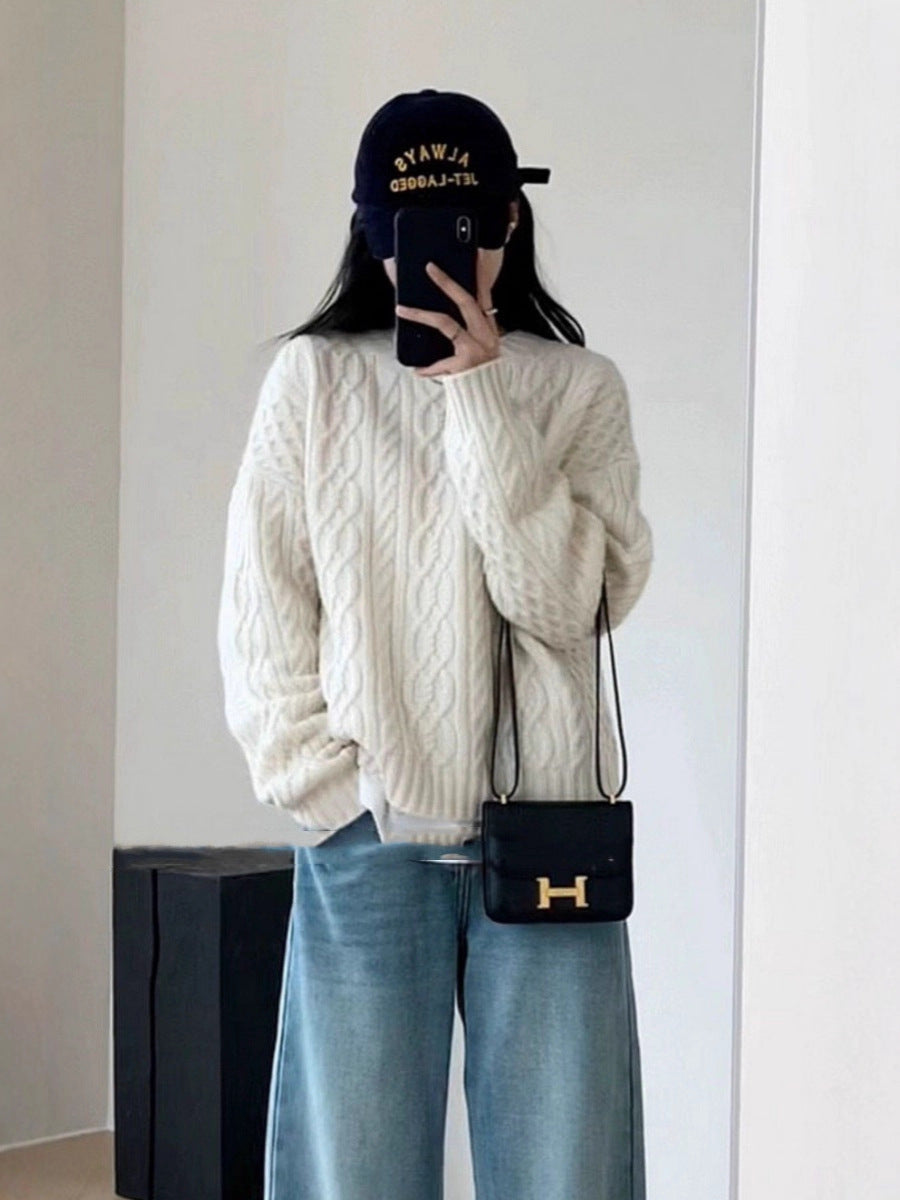 Damen Oversize Zopfmuster‑Pullover mit Rundhalsausschnitt und lässiger Schulterpartie Shop Nory
