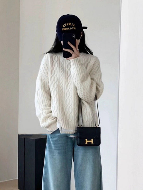 Damen Oversize Zopfmuster‑Pullover mit Rundhalsausschnitt und lässiger Schulterpartie Shop Nory