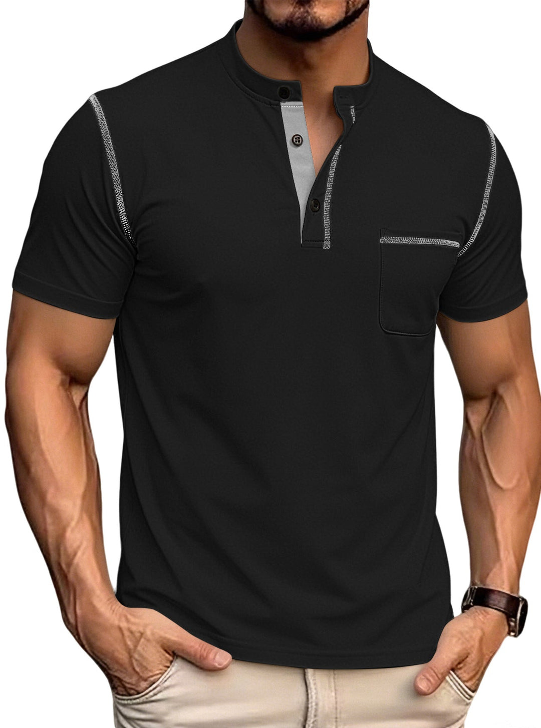Herren nan kurzärmeliges Henley-Shirt mit Stehkragen, Brusttasche und kontrastierenden Ziernähten