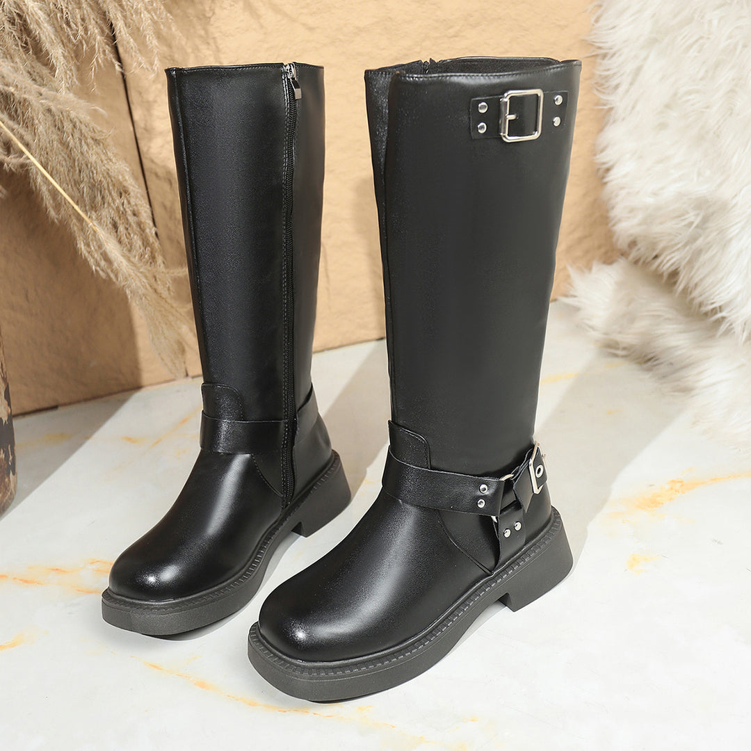 Damen Kniehohe Bikerstiefel mit seitlichem Reißverschluss und Dekorschnallen Shop Nory