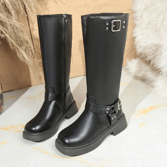 Damen Kniehohe Bikerstiefel mit seitlichem Reißverschluss und Dekorschnallen Shop Nory