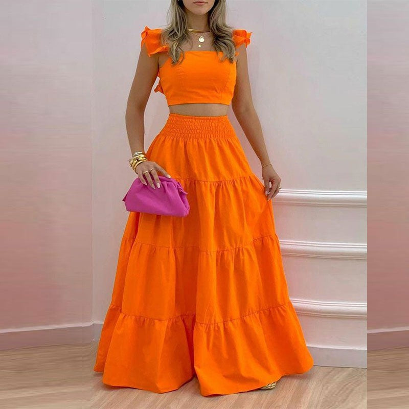 Damen Maxikleid mit voluminösem Rock und Rüschendetails