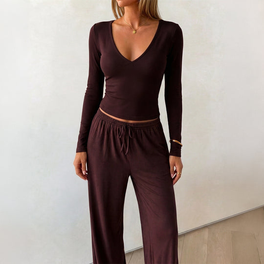 Damen nan elegantes Lounge-Set mit figurbetontem V-Ausschnitt Longsleeve und weiten Relax-Hosen Shop Nory