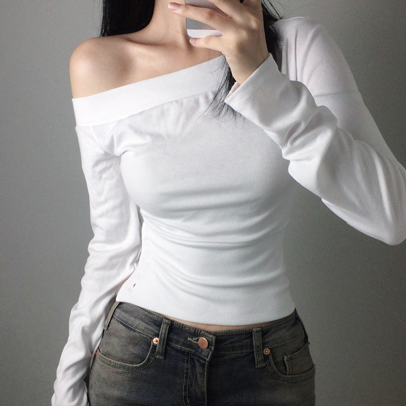 Damen nan schulterfreies Langarmshirt mit taillierter Silhouette und seitlicher Knopfleiste Shop Nory