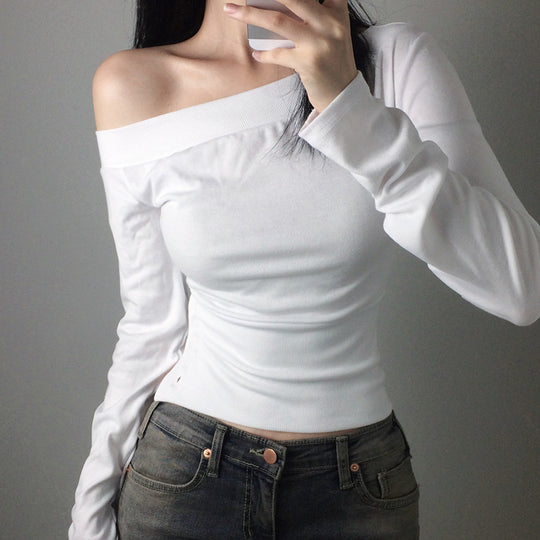 Damen nan schulterfreies Langarmshirt mit taillierter Silhouette und seitlicher Knopfleiste Shop Nory