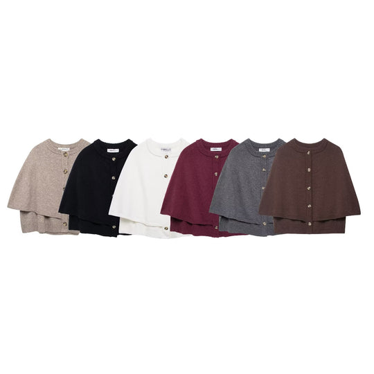 Damen Button-Front Strickcape mit doppelter Lage und Rundhalsausschnitt Shop Nory