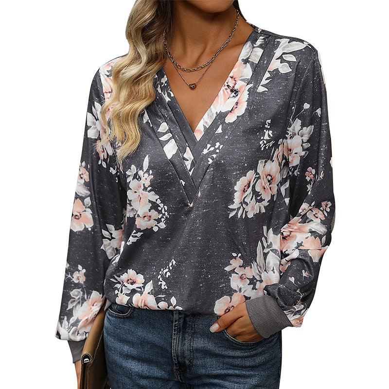 Damen Blütenmuster Pullover mit V-Ausschnitt Shop Nory