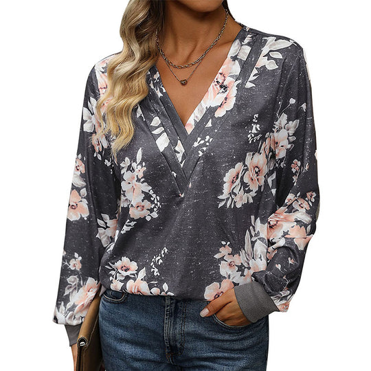 Damen Blütenmuster Pullover mit V-Ausschnitt Shop Nory