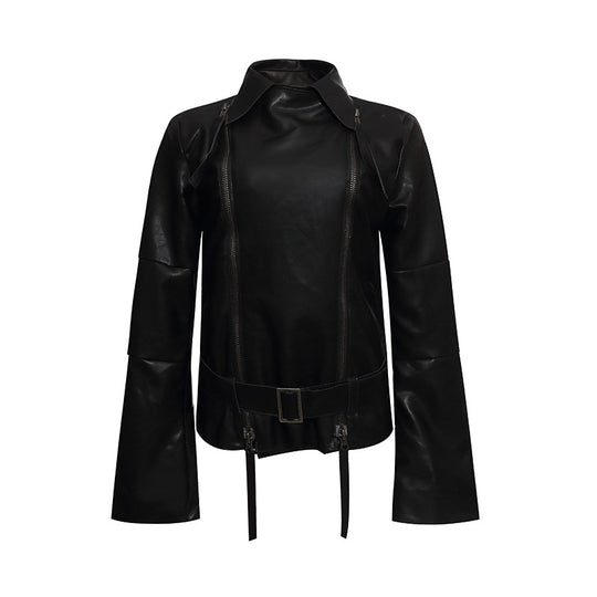 Damen Kunstleder-Bondagejacke mit verlängerten Ärmeln, Doppel-Reißverschlüssen und Taillengürtel Shop Nory