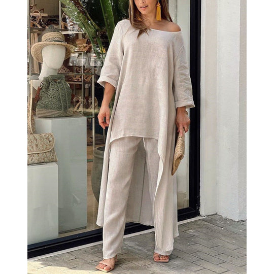 Damen Leichtes Leinen-Zweiteiler mit asymmetrischer High-Low-Tunika und weiter Palazzo-Hose Shop Nory
