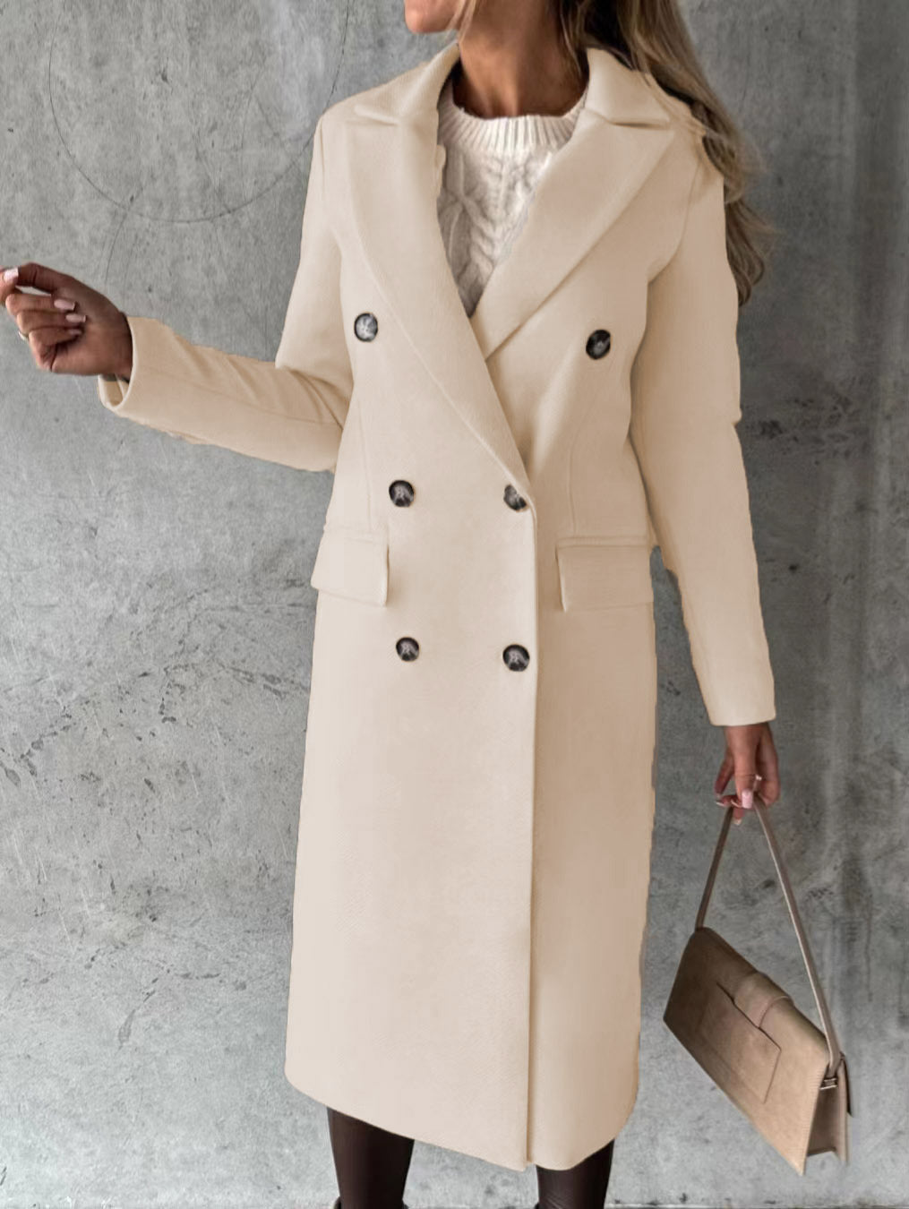 Damen klassischer langer Doppelreiher Mantel mit Reverskragen und Pattentaschen Shop Nory