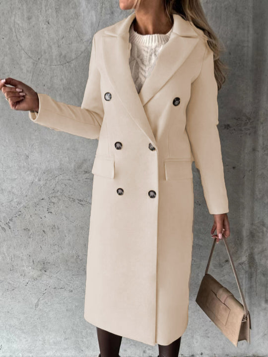Damen klassischer langer Doppelreiher Mantel mit Reverskragen und Pattentaschen Shop Nory