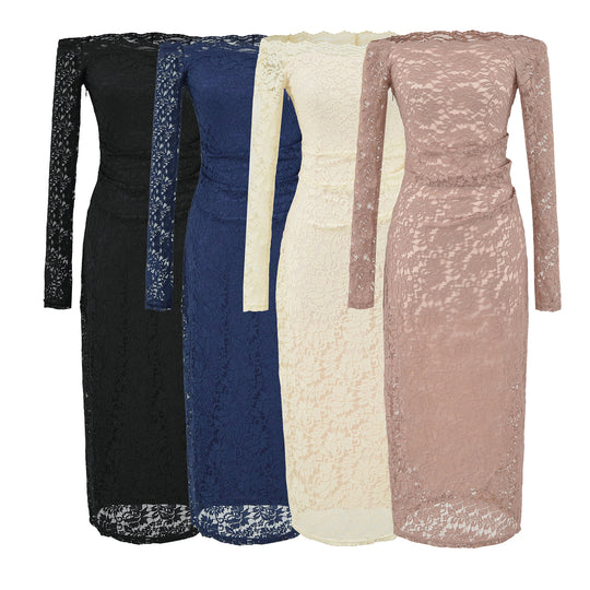 Damen Schulterfreies Spitzenkleid mit Taillenraffung und Langarm Shop Nory