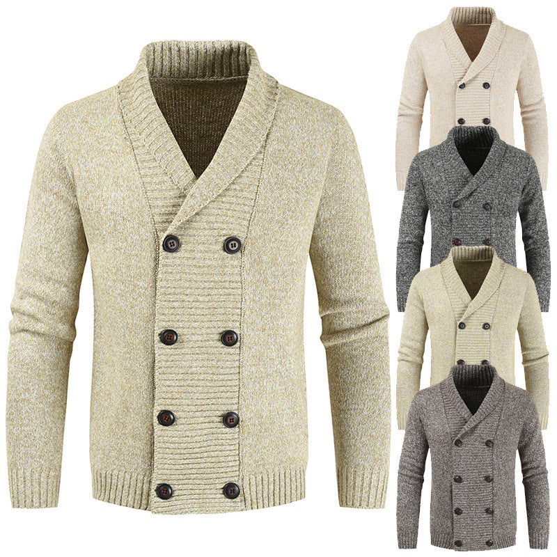 Herren doppelreihige Strickcardigan mit Schalkragen, strukturierter Maschenoptik und gerippten Bündchen Shop Nory