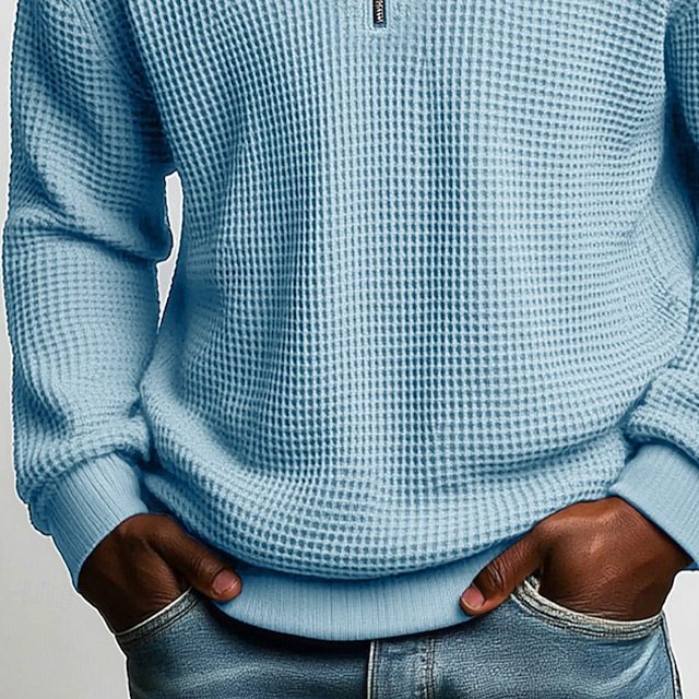 Herren nan strukturierter Waffelstrick-Pullover mit Polokragen und kurzem Reißverschluss