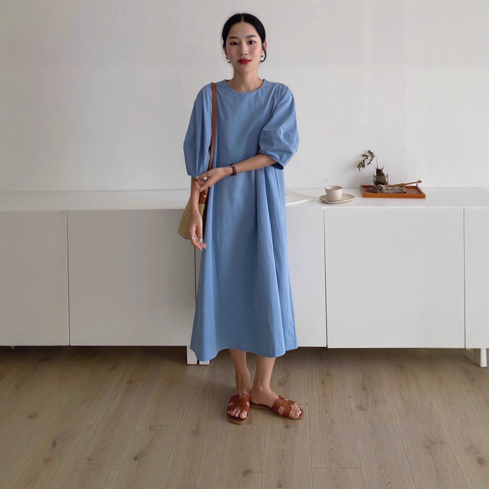 Damen Leichtes A-Linien Midikleid aus Baumwoll-Popeline mit ballonförmigen Ellenbogenärmeln Shop Nory