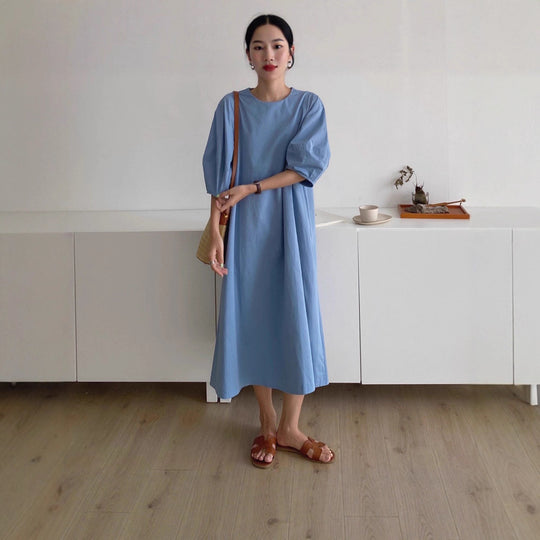 Damen Leichtes A-Linien Midikleid aus Baumwoll-Popeline mit ballonförmigen Ellenbogenärmeln Shop Nory