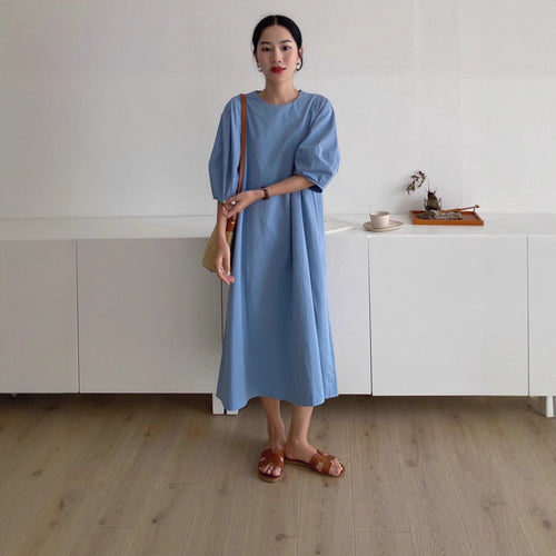 Damen Leichtes A-Linien Midikleid aus Baumwoll-Popeline mit ballonförmigen Ellenbogenärmeln Shop Nory