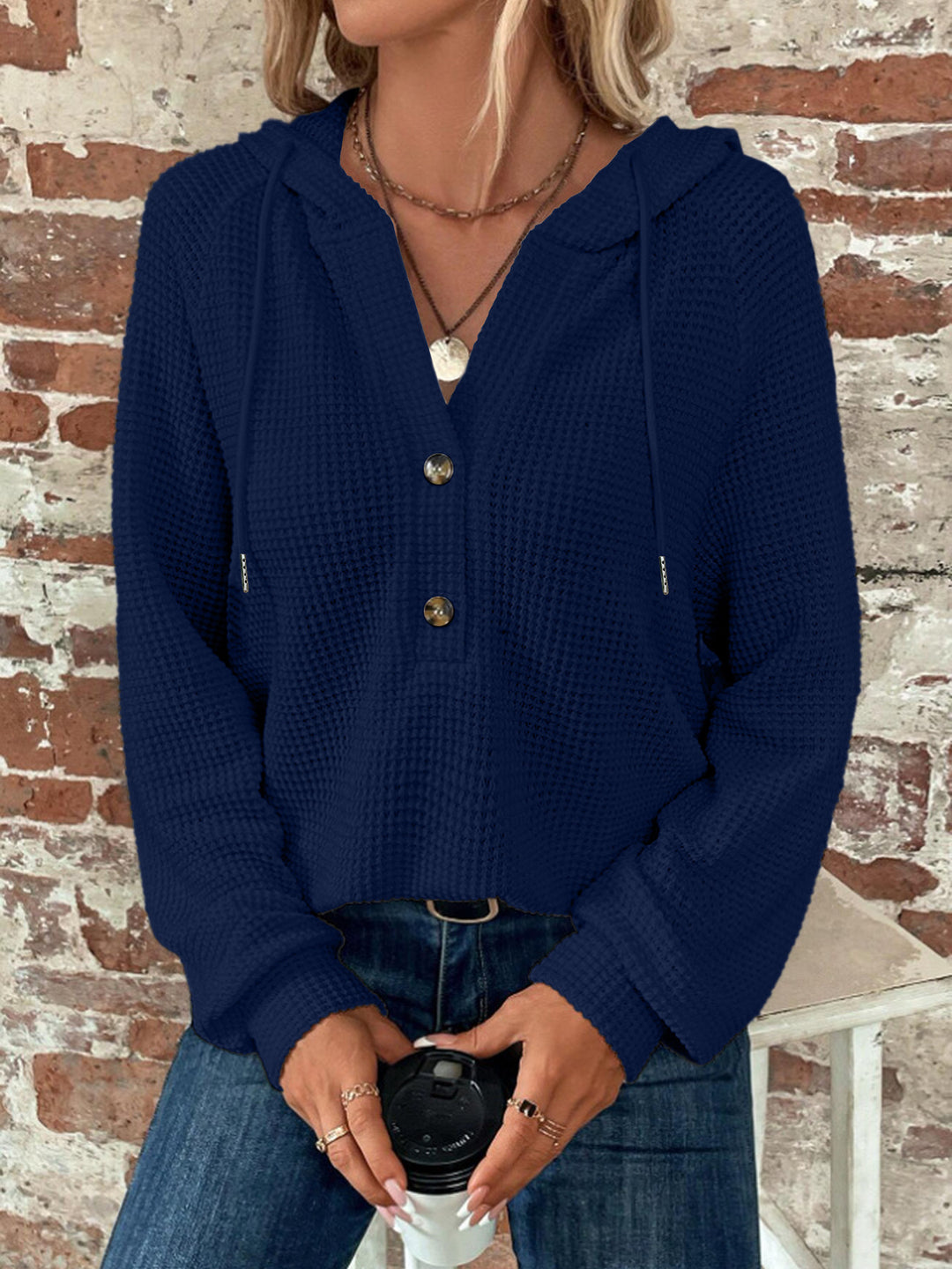 Damen Waffelstrick Kapuzenpullover mit Knopfleiste und Rüschenkragen Shop Nory