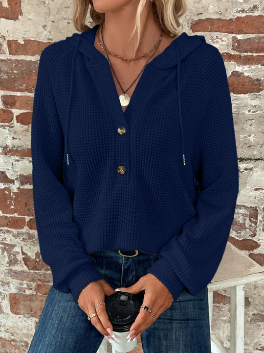 Damen Waffelstrick Kapuzenpullover mit Knopfleiste und Rüschenkragen Shop Nory