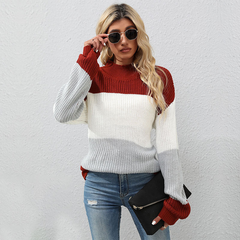 Damen Strickpullover mit Blockstreifen und Stehkragen Shop Nory