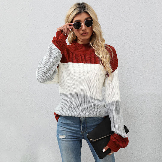 Damen Strickpullover mit Blockstreifen und Stehkragen Shop Nory