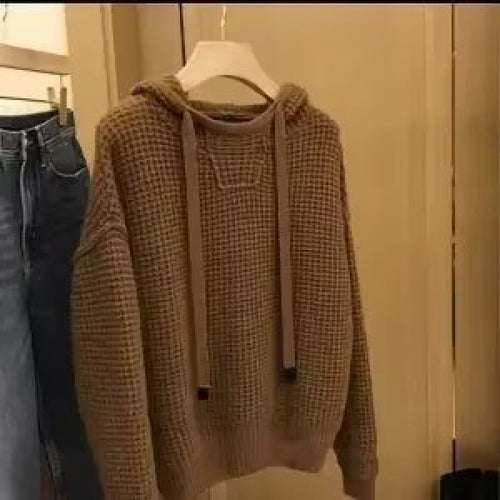 Damen Grobgestrickter Oversize-Kapuzenpullover mit Waffelstruktur und Kordelzug Shop Nory