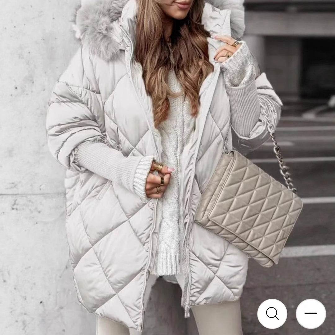 Damen langer gesteppter Winterparka mit großer Kapuze und Kunstfellbesatz Shop Nory