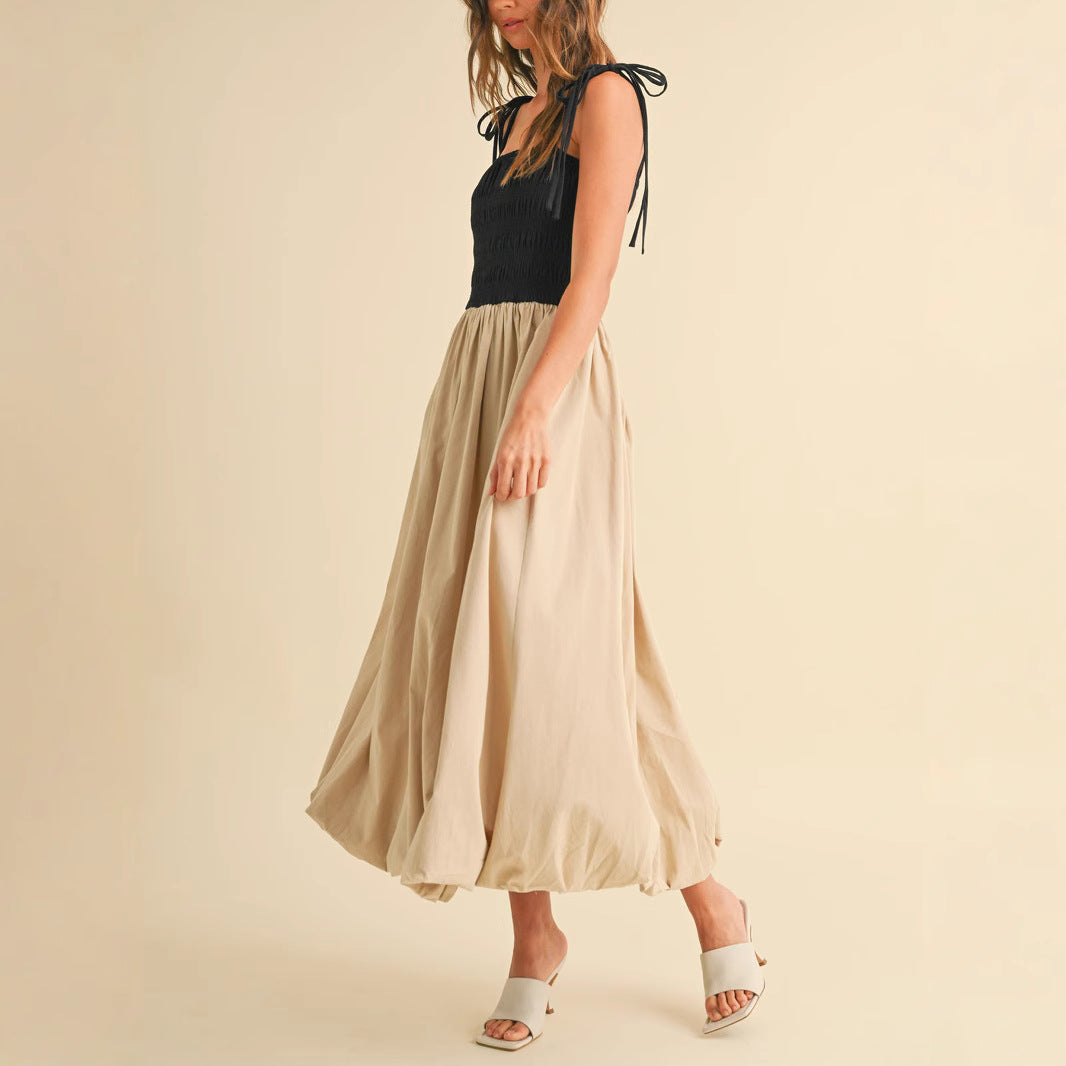 Damen Midikleid mit Smok‑Büste, Bindeträgern und ballonigem Volantrock Shop Nory