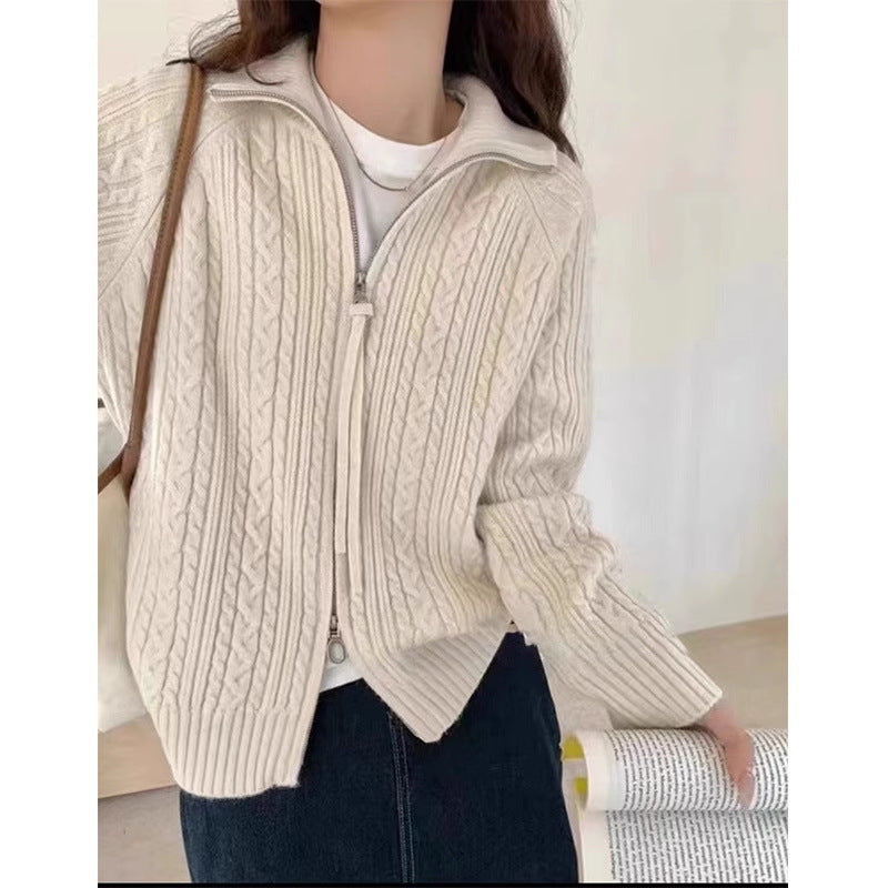 Damen Kastiger Zopfstrick‑Cardigan mit Zweiwege‑Reißverschluss, Stehkragen und breitem Rippsaum Shop Nory
