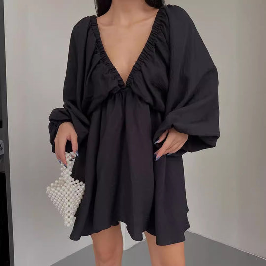 Damen Lockeres Minikleid mit tiefem V-Ausschnitt und Ballonärmeln Shop Nory
