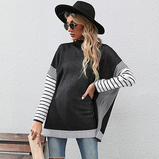Damen Oversize Strickpullover mit Stehkragen und gestreiften Raglanärmeln Shop Nory