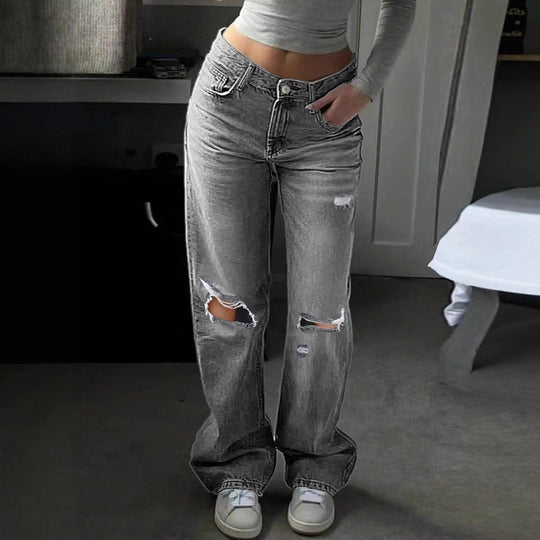 Damen Hochtaillierte weite Destroyed-Jeans mit geradem Bein Shop Nory