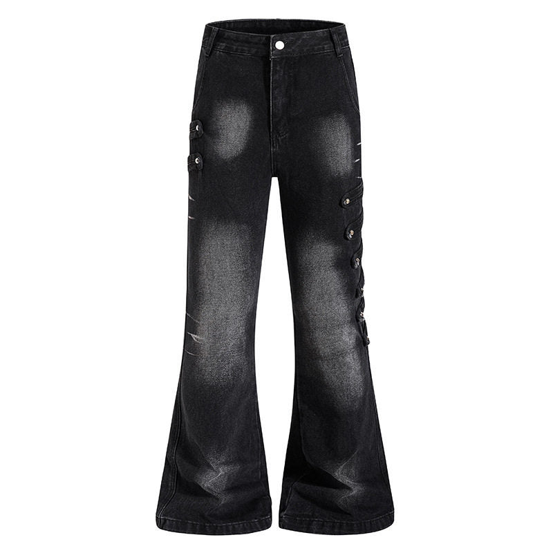 Damen Weite Jeanshose mit Used‑Effekt und seitlichen Zierknopfleisten Shop Nory