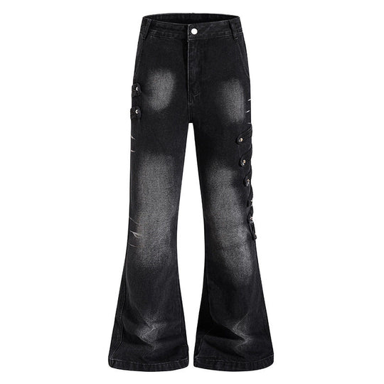Damen Weite Jeanshose mit Used‑Effekt und seitlichen Zierknopfleisten Shop Nory