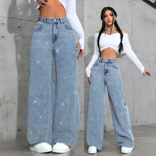 Damen Elegante High-Waist Jeans im weiten Schnitt mit glitzerndem Detail