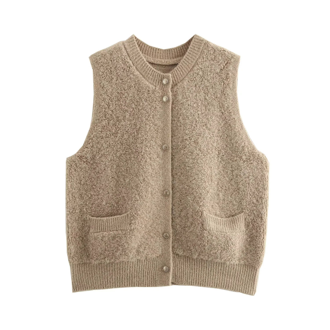 Damen Ärmellose Teddy‑Weste mit Knopfleiste und aufgesetzten Taschen Shop Nory