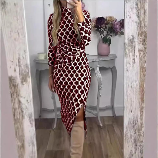 Damen Figurbetontes Midi-Kleid mit geometrischem Wabenmuster, Stehkragen und Seitenschlitz Shop Nory