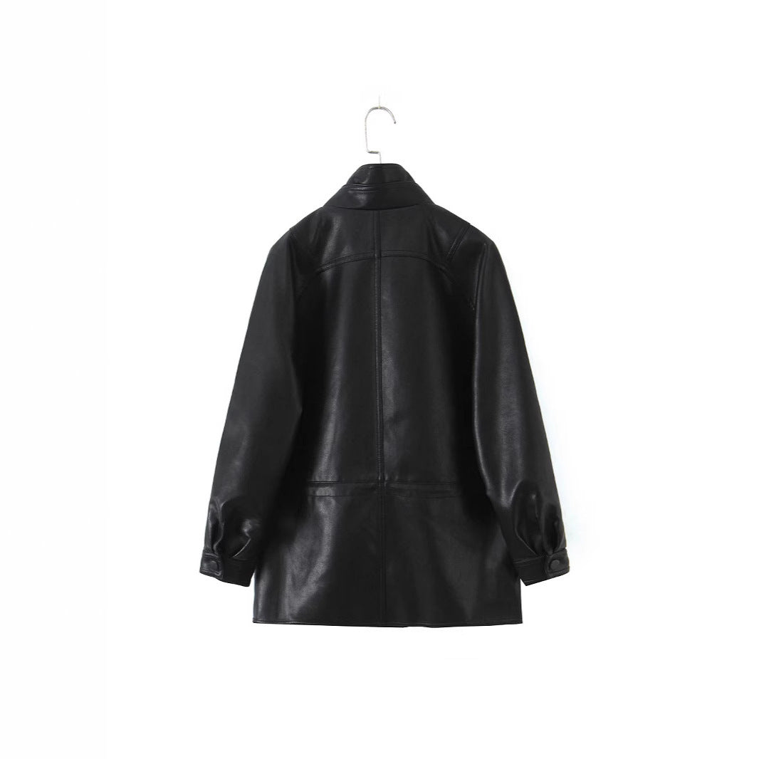 Damen Oversized Kunstlederjacke mit hohem Stehkragen und doppelreihiger Knopfleiste Shop Nory