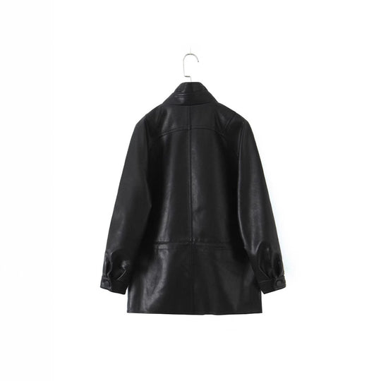 Damen Oversized Kunstlederjacke mit hohem Stehkragen und doppelreihiger Knopfleiste Shop Nory