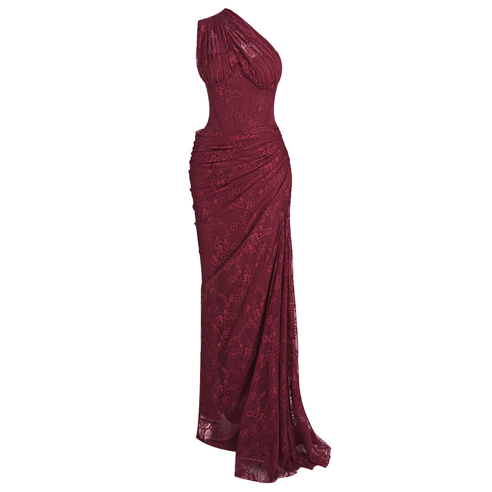 Damen elegantes Abendkleid mit asymmetrischem One-Shoulder-Design und floralem Spitzenbesatz