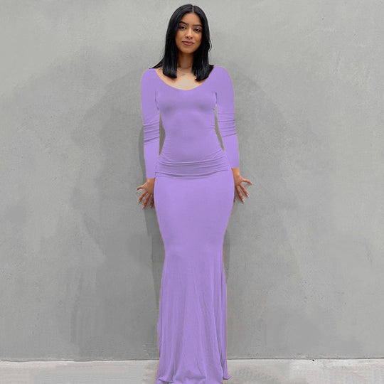 Damen Körperbetontes Maxi‑Jerseykleid mit taillierter Drapierung, langen Ärmeln und ausgestelltem Saum Shop Nory