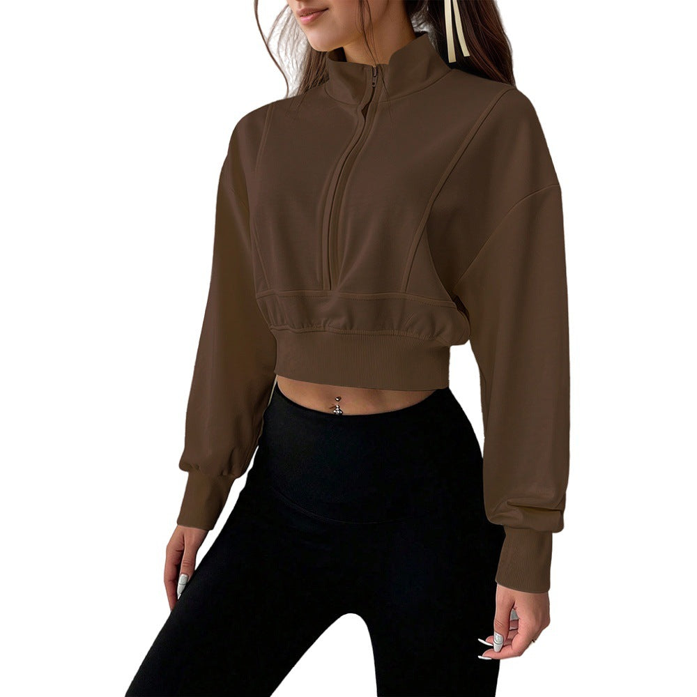 Damen kurzes Stehkragen-Sweatshirt mit halbem Reißverschluss, tailliertem Rippenbund und Daumenloch-Ärmeln Shop Nory