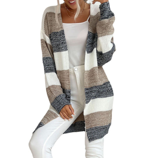 Damen Longline Strickcardigan mit breiten Blockstreifen, offener Front und überschnittener Schulter Shop Nory