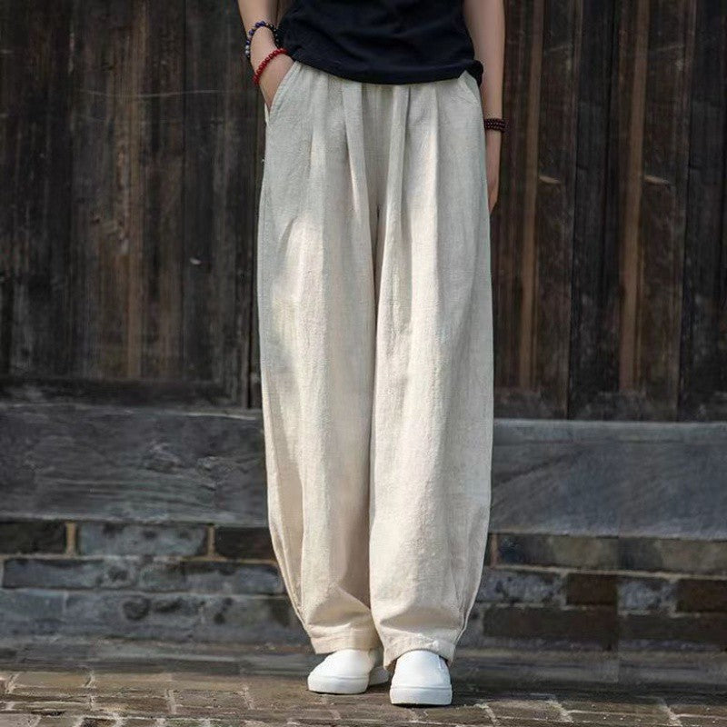 Damen weite Leinenhose mit elastischem Bund und seitlichen Taschen