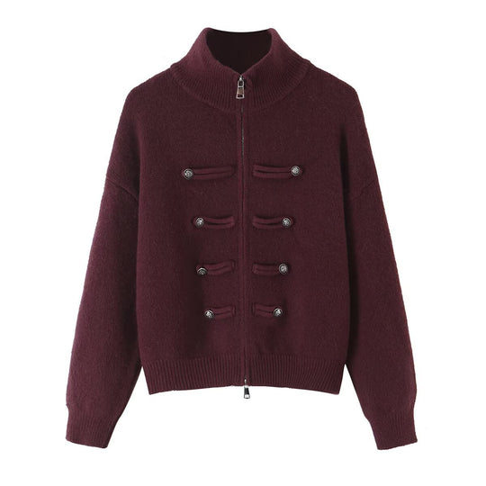Damen Strickjacke mit Stehkragen, Reißverschluss und dekorativen Knotenblenden Shop Nory