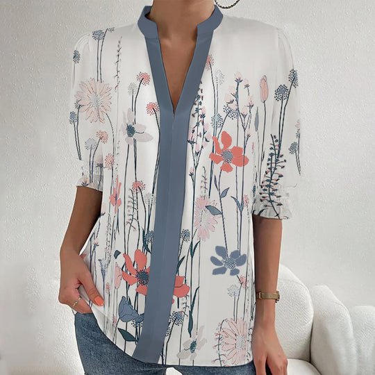Damen Blumenprint Tunika-Bluse mit Stehkragen, geschlitzter V‑Blende und gerafften 3/4-Ärmeln Shop Nory
