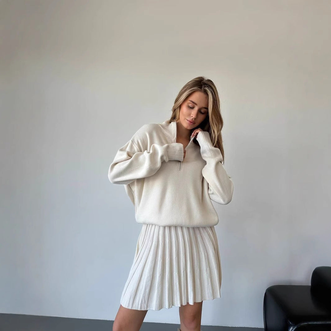 Damen gemütliches Strick-Set mit Reißverschluss-Pullover und plissiertem Rock Shop Nory
